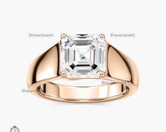 Bague de fiançailles taille Asscher, anneau large fuselé, bague en or audacieux, bague vintage moderne, bague de mariée tendance