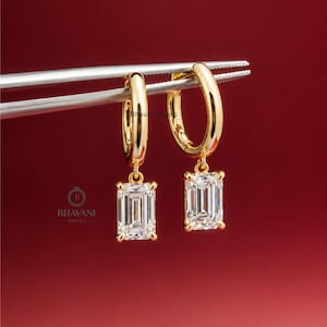 Emerald Cut Moissanite Drop Earrings | VVS Moissanite Diamond Huggie Earrings | 925 Sterling Silver Gold Plated Earrings