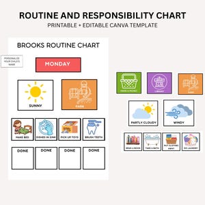May include: A printable routine and responsibility chart with the text "Brooks Routine Chart" and "Monday". The chart includes illustrations for various activities like "Sunny", "Park", "Make Bed", and "Brush Teeth".