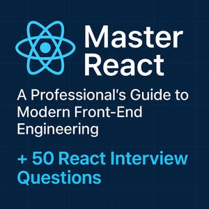 Op de afbeelding: Een donkerblauwe afbeelding met de woorden "Master React" in het wit. Daaronder staat "A Professional's Guide to Modern Front-End Engineering" en "+ 50 React Interview Questions". Een lichtblauw atoom symbool staat linksboven.