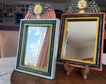 Vintage Hand Carved Mexican Folk Art Angel Cherub Mirrors - Set of 2
