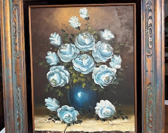 Vintage-Ölgemälde mit blauen Blumen, signiert von Grappo, Stillleben mit blauen Rosen auf Leinwand, gerahmtes Blumenbild, impressionistischer Stil der Mitte des 20. Jahrhunderts