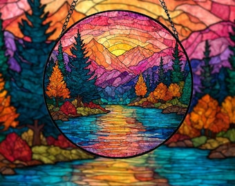 Stained Glass Mountain Sunset Suncatcher, Lake View Cabin Decor