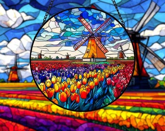Windmill Stained Glass Suncatcher, Colorful Tulip Field Window Hanging, Dutch Landscape Glass Art Decor