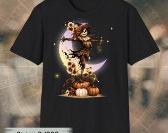 Fågelskrämma på halvmåne T-shirt | Halloweenpumpa nattillustration