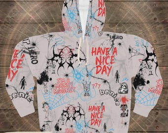 Moletom com Capuz Grunge Graffiti 'Tenha um Bom Dia' | Estampa Total Streetwear | Moletom com Colagem de Grafite | Pulôver com Estética Streetwear Arrojada