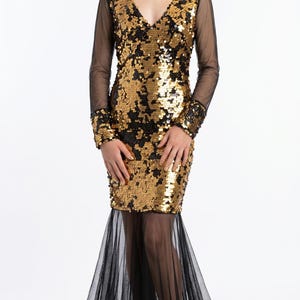 black gold sequins long sleeves midi dress Long Sleeve Sequin Two Piece Maxi Dress Black Gold