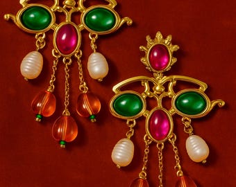 Gold Tone Chandelier Earrings With Multicolor Cabochon Stones And Bead Drops