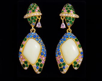Colorful Crystal Planet Drop Earrings – Rainbow Statement Dangle Earrings with Iridescent Stone