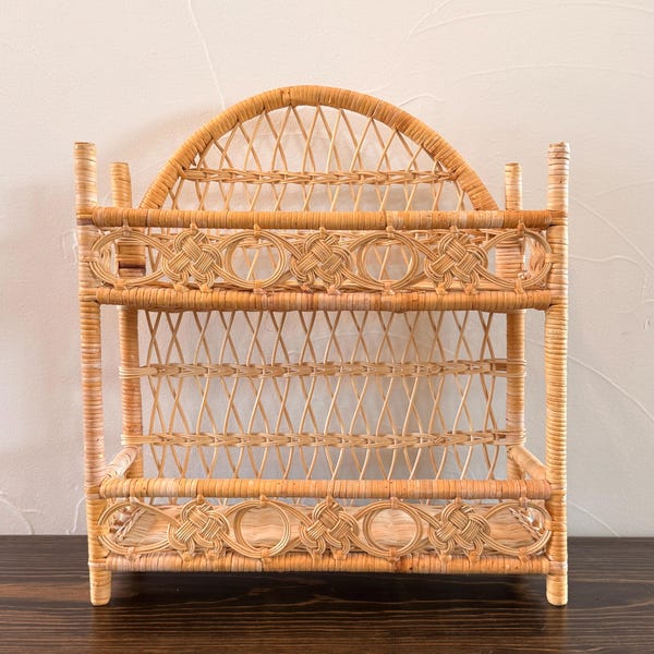 Vintage Wicker and Rattan 2 Tier Hanging Wall Shelf/Standing Shelf
