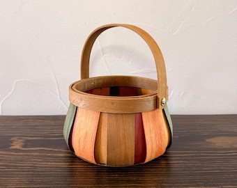 Vintage Wood Splint Woven Basket with Rainbow-Colored Slats