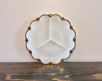 Vintage Fire King Milk Glass Serving Tray with Gold Trim by Anchor Hocking