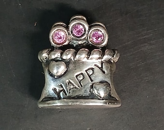 Sterling Silver Happy Birthday Cake Charm – Pink Topaz Accent