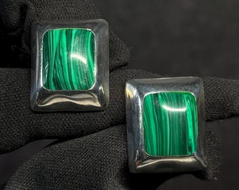 Taxco Sterling Silver Malachite Square Stud Earrings Mexico TA-11