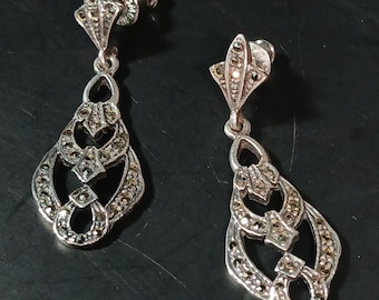 Sterling Silver .925 Art Deco Marcasite Dangle Earrings – ~1.5" Drop – 5.8g