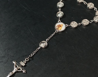 Vintage Catholic Decade Rosary Silver Tone Bracelet Crucifix