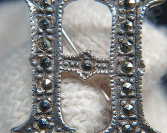 Sterling Silver 925 Art Deco Marcasite H Brooch ~0.75”