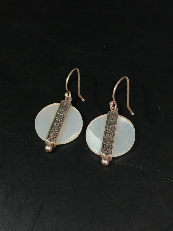 925 Silver MOP Circle Dangle Earrings • Etched Ba… - image 12