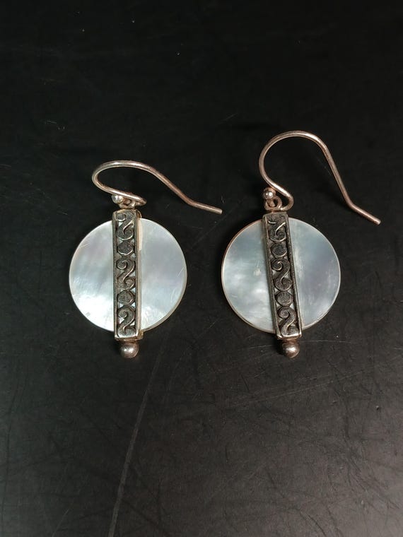 925 Silver MOP Circle Dangle Earrings • Etched Ba… - image 1