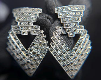 Boucles d'oreilles pendantes géométriques Art Déco en argent sterling 925 marcassite vintage