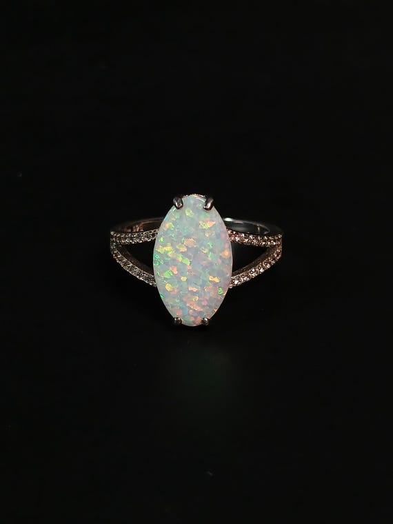 Sterling Silver Lab Opal Ring Large Marquise Opal… - image 8