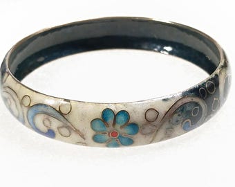 Vintage Cloisonné Bangle Bracelet Floral Enamel Brass Interior Mid Century 2.625"
