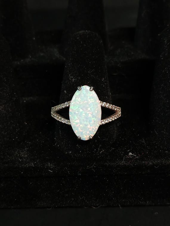 Sterling Silver Lab Opal Ring Large Marquise Opal… - image 6