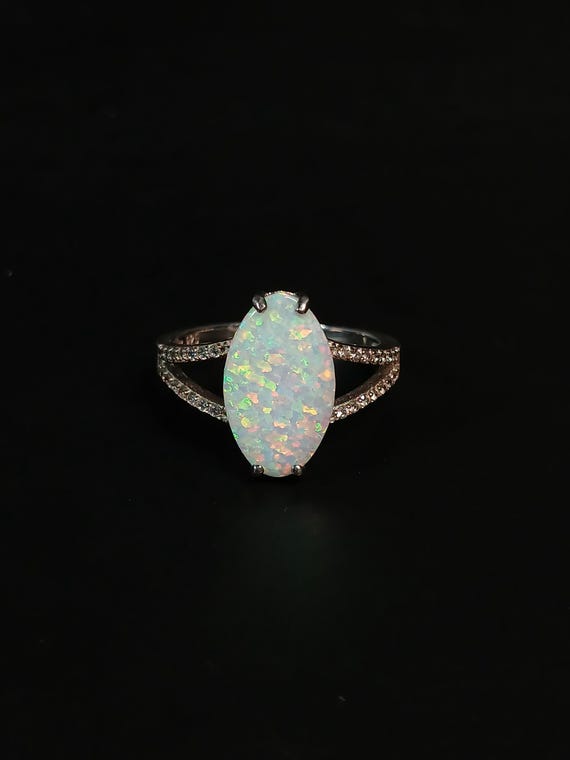 Sterling Silver Lab Opal Ring Large Marquise Opal… - image 1