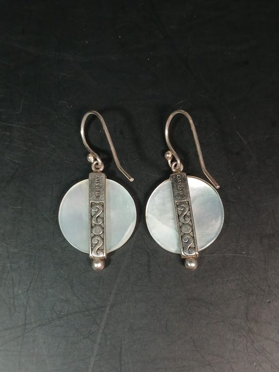925 Silver MOP Circle Dangle Earrings • Etched Ba… - image 11
