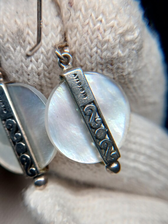 925 Silver MOP Circle Dangle Earrings • Etched Ba… - image 16