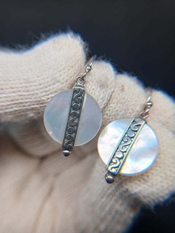 925 Silver MOP Circle Dangle Earrings • Etched Ba… - image 8