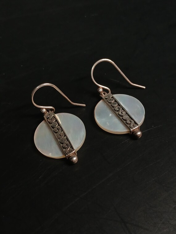 925 Silver MOP Circle Dangle Earrings • Etched Ba… - image 6
