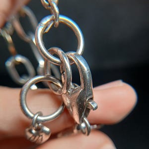 Puede incluir: Primer plano de un cierre de collar plateado y eslabones de cadena. El cierre es de estilo pinza de langosta, y los eslabones de la cadena son redondos. Un peque&ntilde;o dije est&aacute; unido a la cadena. La joyer&iacute;a es de metal brillante.