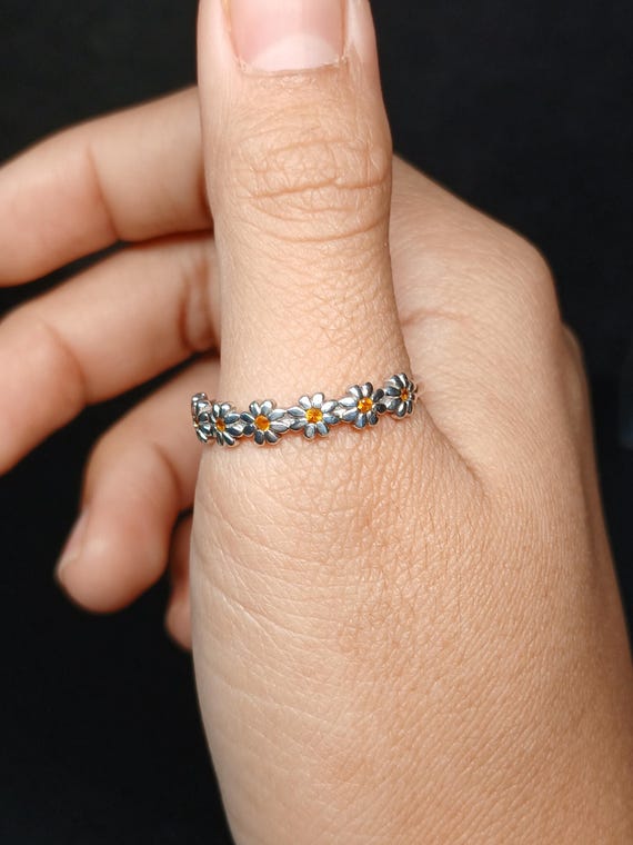 Sterling Silver Daisy Stackable Ring with Orange … - image 3