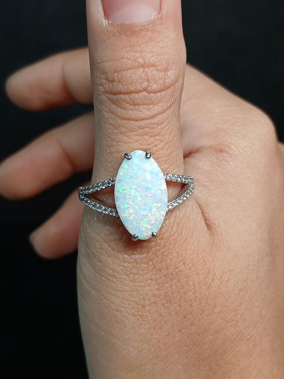 Sterling Silver Lab Opal Ring Large Marquise Opal… - image 5