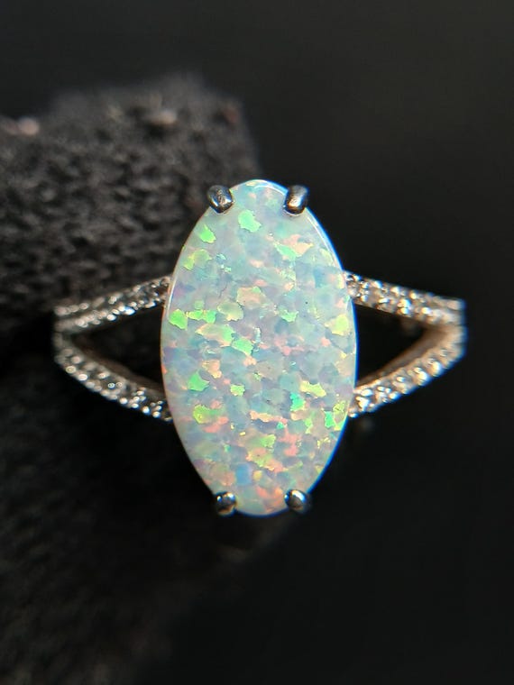 Sterling Silver Lab Opal Ring Large Marquise Opal… - image 14