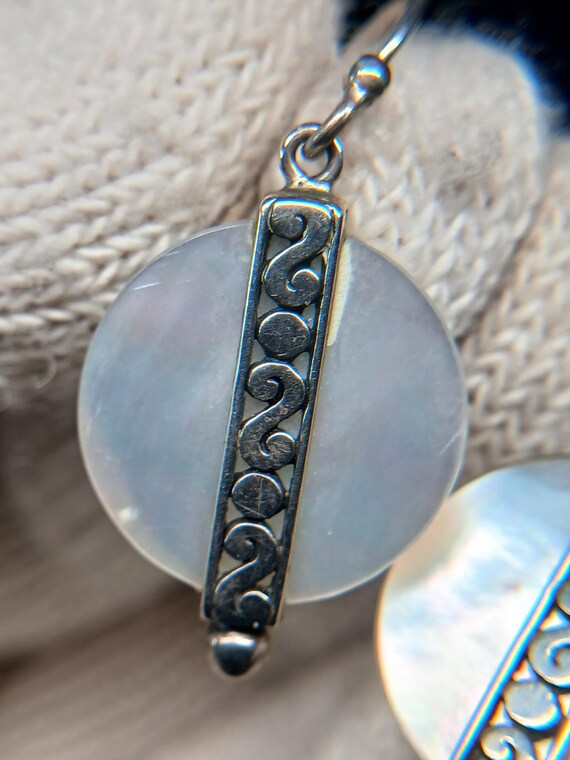 925 Silver MOP Circle Dangle Earrings • Etched Ba… - image 9