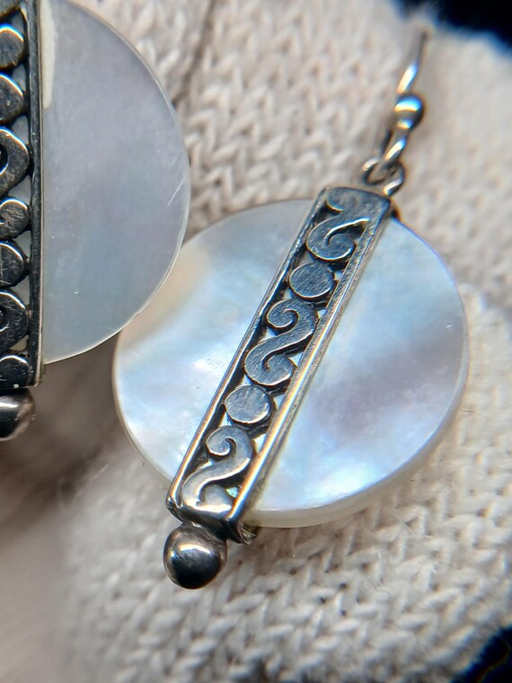 925 Silver MOP Circle Dangle Earrings • Etched Ba… - image 10