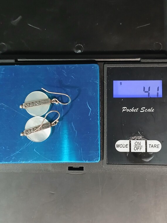 925 Silver MOP Circle Dangle Earrings • Etched Ba… - image 4