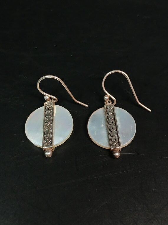 925 Silver MOP Circle Dangle Earrings • Etched Ba… - image 5
