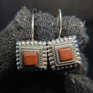 Sterling Silver Coral Square Dangle Earrings Southwestern 925