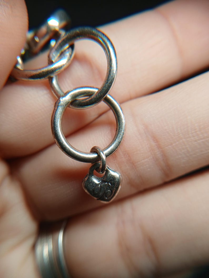 Puede incluir: Primer plano de una pulsera de cadena plateada con tres eslabones circulares entrelazados. Un peque&ntilde;o dije en forma de coraz&oacute;n cuelga del eslab&oacute;n inferior. La pulsera se sostiene en una mano, con el foco en la joyer&iacute;a.