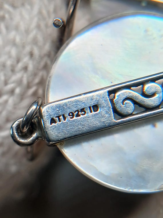 925 Silver MOP Circle Dangle Earrings • Etched Ba… - image 2