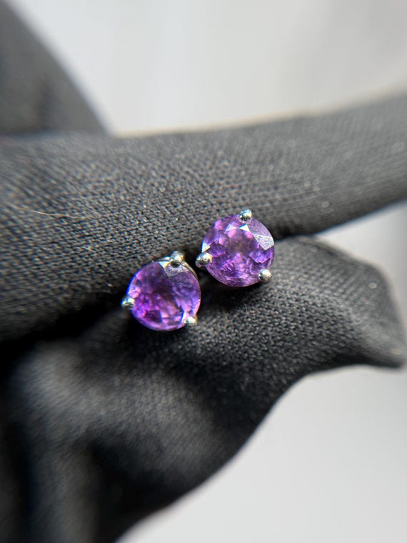 Sterling Silver Amethyst Stud Earrings Round Faceted Purple Gemstone