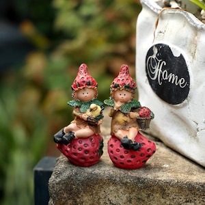 Puede incluir: Dos gnomos de jardín caprichosos, cada uno sentado en una gran fresa roja. Llevan sombreros con fresas y sostienen un pajarito y una cesta de fresas. Los gnomos tienen caras sonrientes y visten trajes marrones y verdes.