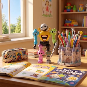 May include: A colorful desk scene featuring a robot toy, a pencil holder shaped like a castle, and open books. A Superman pencil case and a window with a view of trees are also visible.