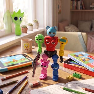 Op de afbeelding: Een kinderspeelsc&egrave;ne met een robotspeelgoed, een tablet, potloden en een beker met een cartoon. Een groen pluche speelgoed staat bij een raam. De sc&egrave;ne speelt zich af op een houten tafel, wat wijst op een speelse leeromgeving.