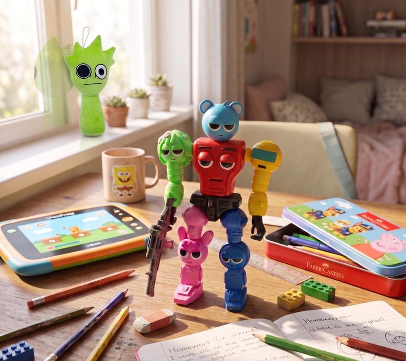 Op de afbeelding: Een kinderspeelsc&egrave;ne met een robotspeelgoed, een tablet, potloden en een beker met een cartoon. Een groen pluche speelgoed staat bij een raam. De sc&egrave;ne speelt zich af op een houten tafel, wat wijst op een speelse leeromgeving.