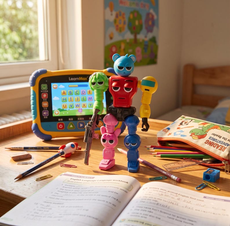Op de afbeelding: Een kleurrijke educatieve speelgoedrobot met een blauwe berenkop, rode romp en roze en blauwe ledematen staat naast een gele en blauwe tablet. Een etui met potloden, een werkboek en andere schoolbenodigdheden zijn ook zichtbaar.