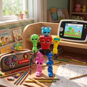 Op de afbeelding: Een kleurrijk robot speelgoed staat naast een LeapPad tablet met een fonetisch spel. Een etui met superheldenpatches en het woord "STABILO" is open, omringd door potloden en gummen. Boeken en schoolspullen liggen op een houten bureau.